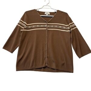 Vintage 2004 CJ Banks Hand Embroidered Cardigan‎ Sweater Brown Striped Bows 1X